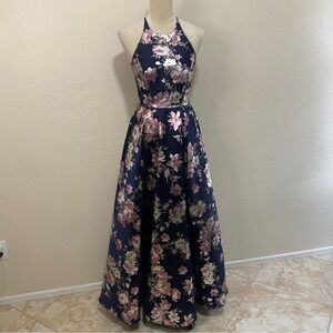 B Smart blue floral floor length formal prom dress Size 3 Juniors